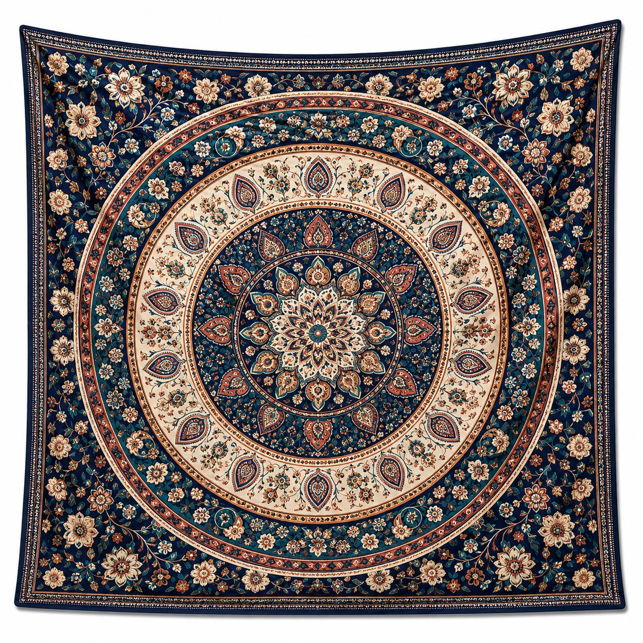 Tenture Murale Mandala Boho Chic Bleu/Beige/Rouge 150x150cm