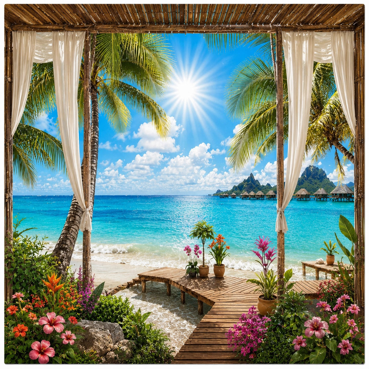 Toile Murale Paysage Tropical avec Plage et Palmiers 150x100 cm
