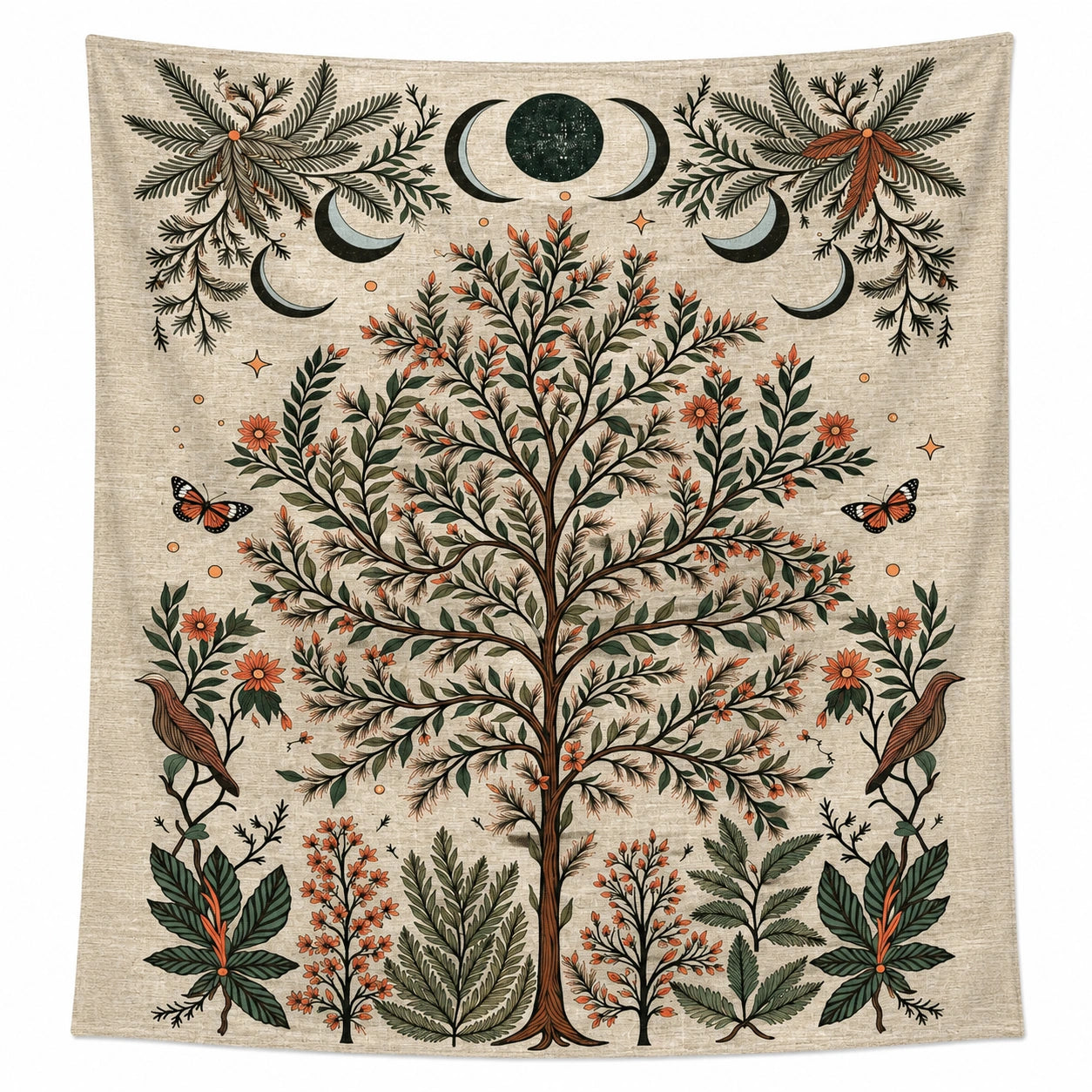 Tissu Décoratif Bohème Arbre et Lune avec Motifs Naturels