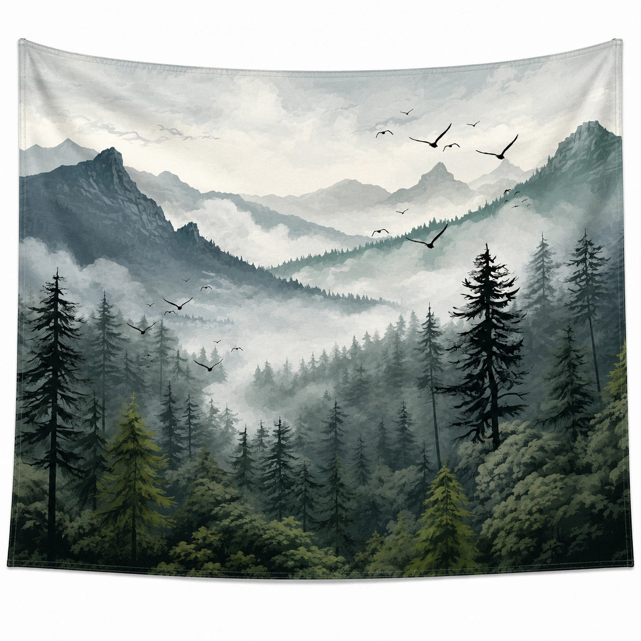 Tenture Murale Paysage Forêt Montagneuse Vert Gris