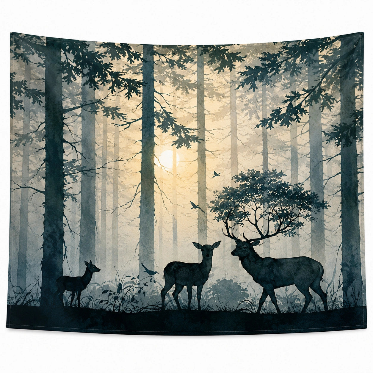 Tenture Murale Forêt avec Cerfs - Bleu Foncé/Noir