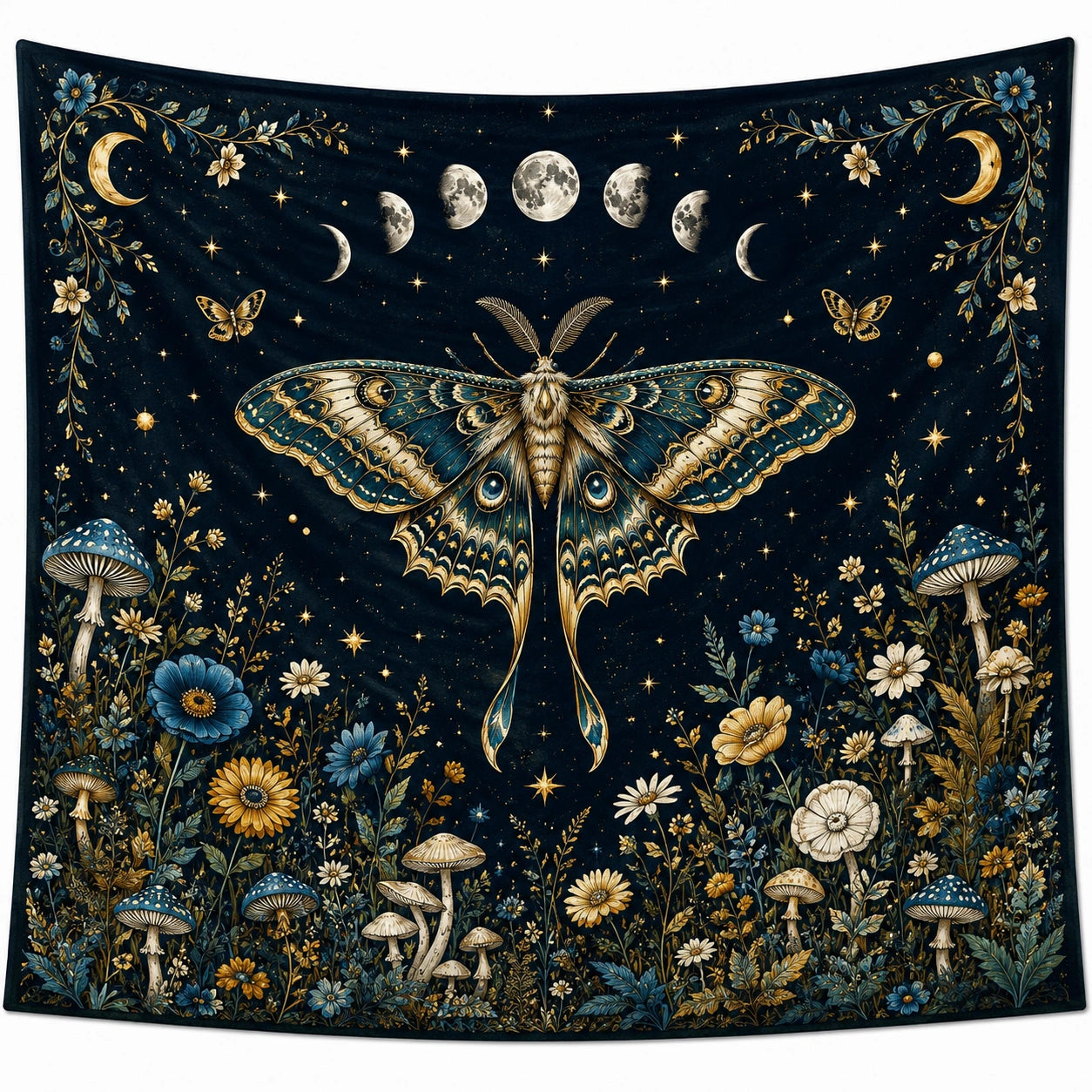 Tenture Murale Bohème Papillon et Fleurs avec Phases de Lune 150x130cm