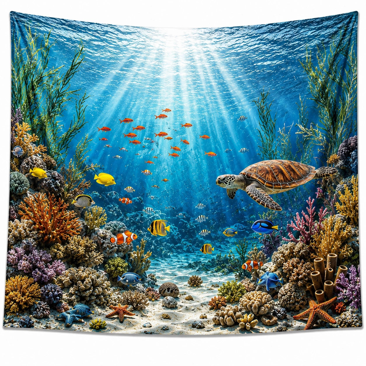 Tenture Murale Océan Tortue et Poissons Colorés 150x130cm