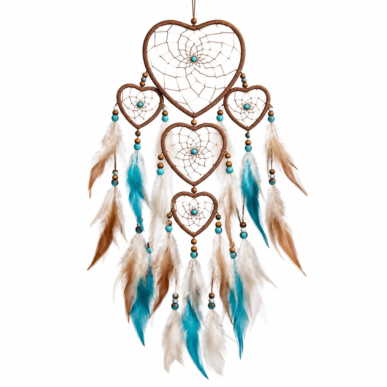 Attrape-rêves cœur plumes marron, blanc et bleu 20x60