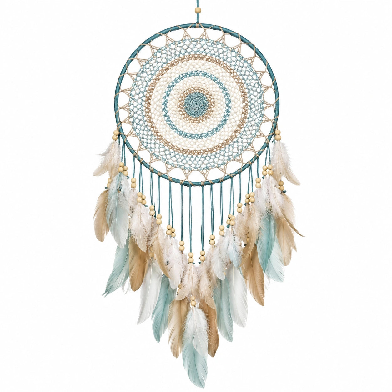 Attrape-rêves artisanal avec plumes beige et bleu