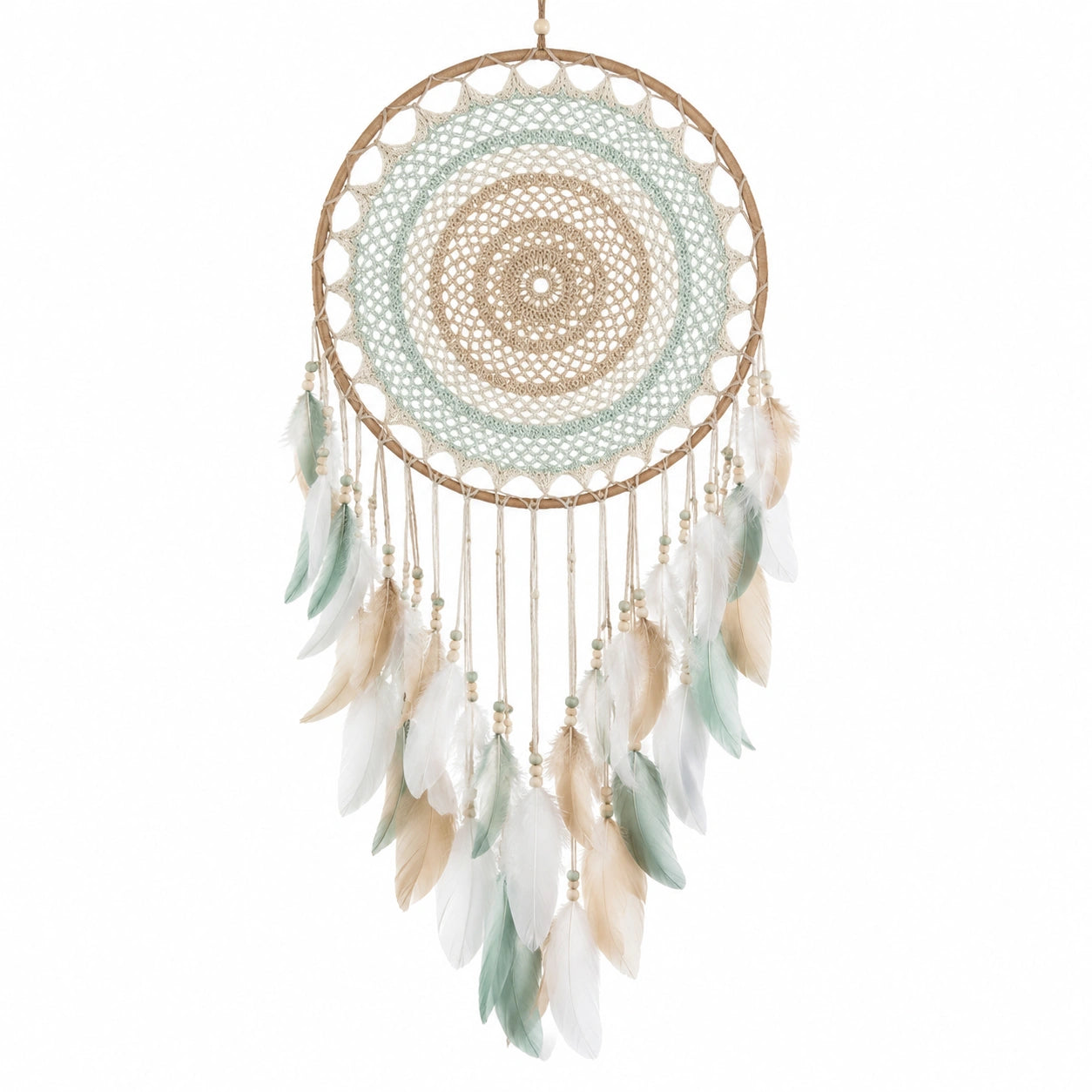 Attrape-rêves boho avec plumes beige et vert