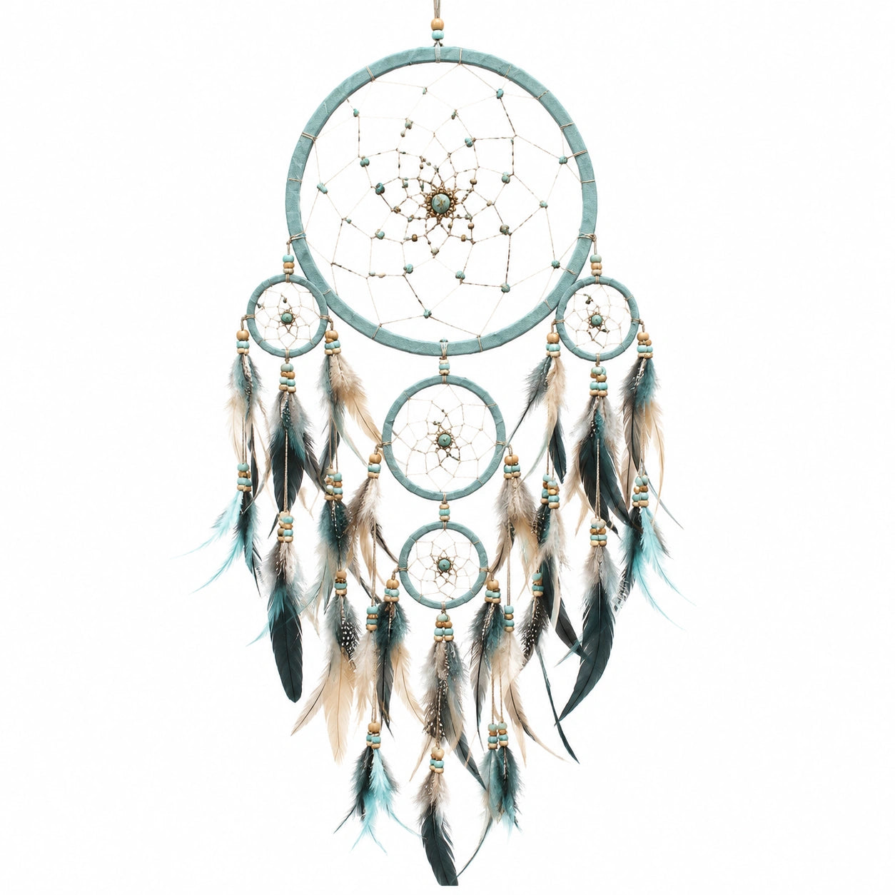 Attrape-rêves turquoise avec plumes pour décoration murale