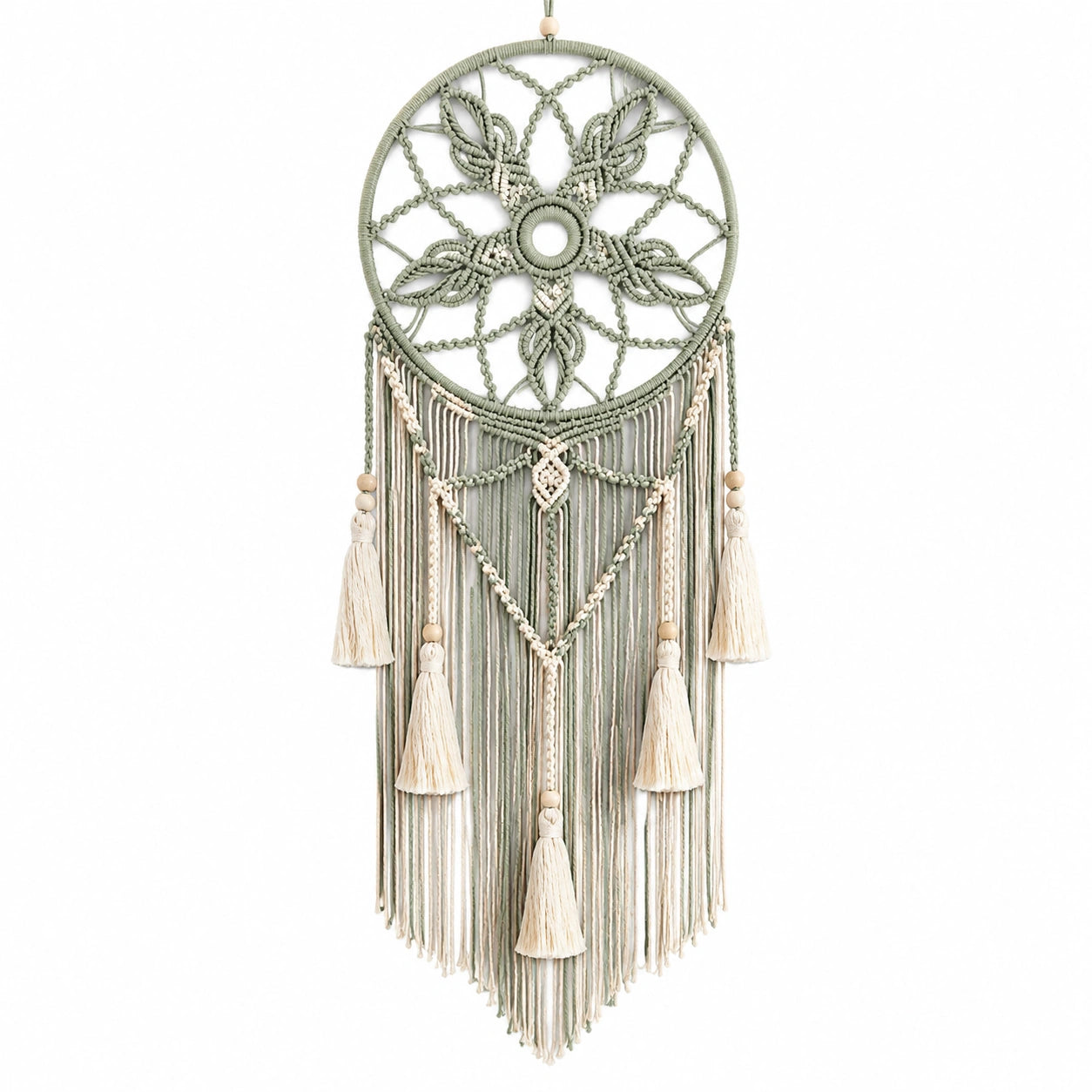 Attrape-rêves mural en macramé bohème vert et beige avec pompons