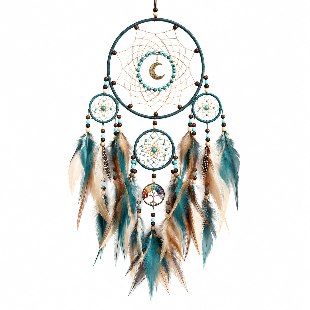 Attrape-rêves avec plumes bleu et beige et motif lune et arbre de vie