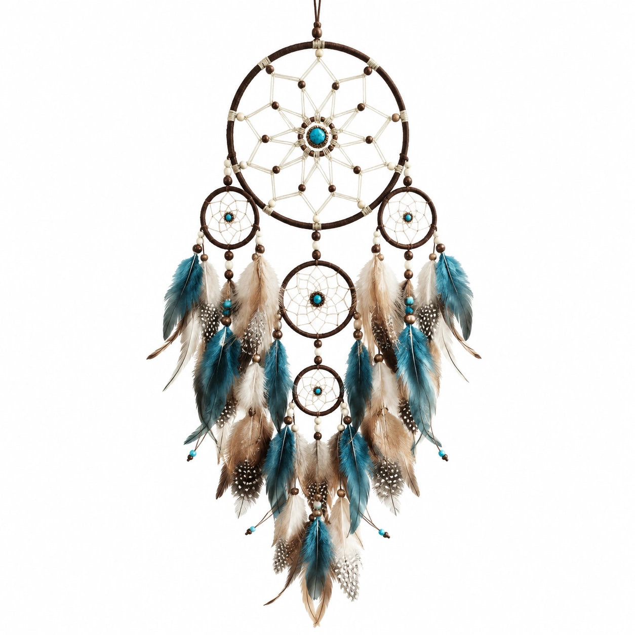 Attrape-rêves bohème avec plumes bleu, beige et marron