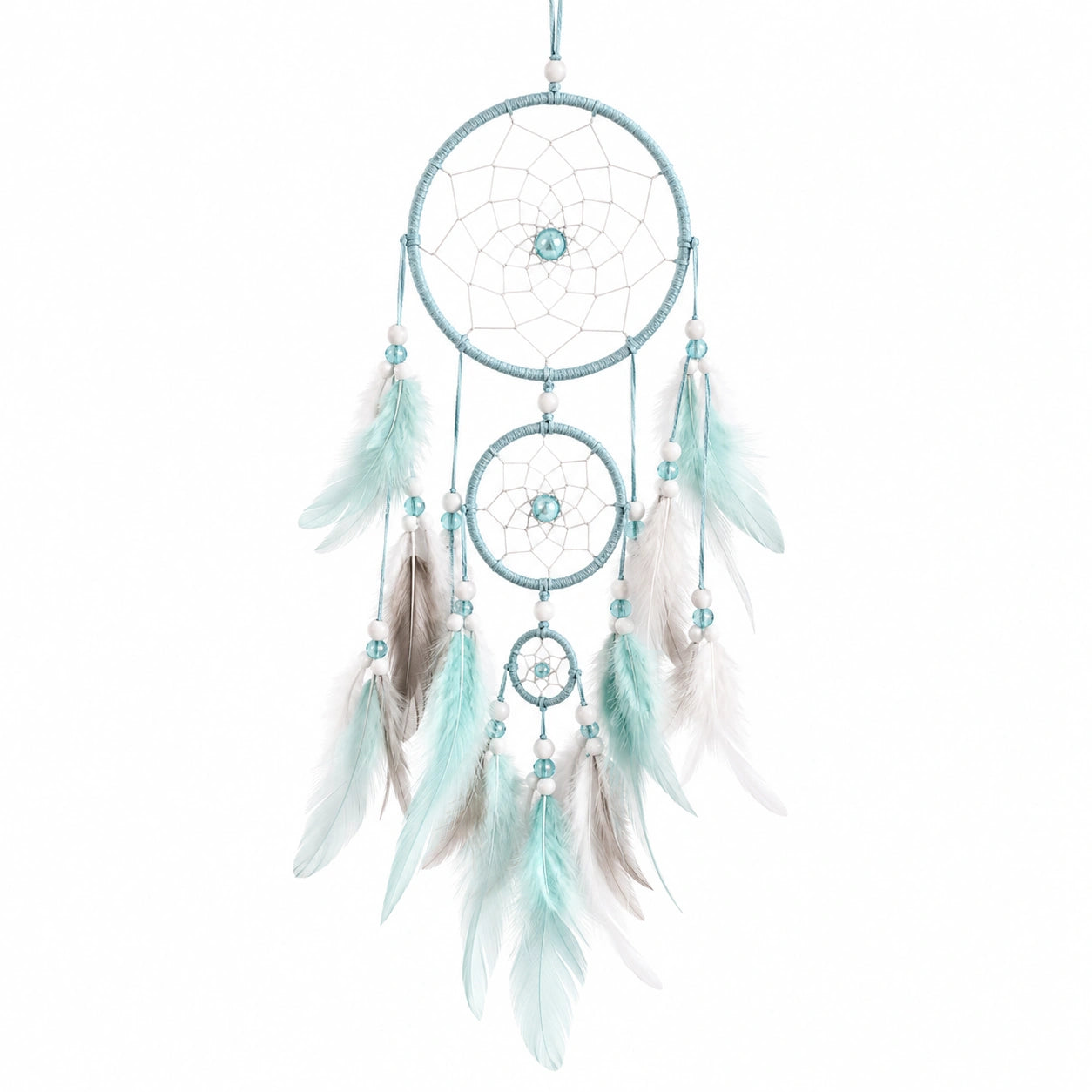 Attrape-rêves avec plumes turquoise et blanches