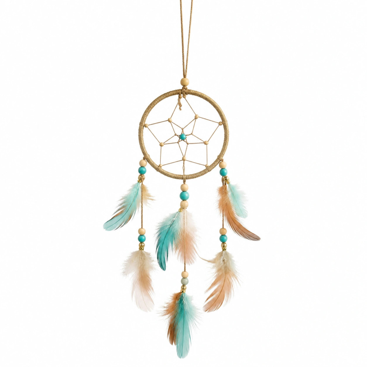 Attrape-rêves bohème avec plumes turquoise et beige 30 cm