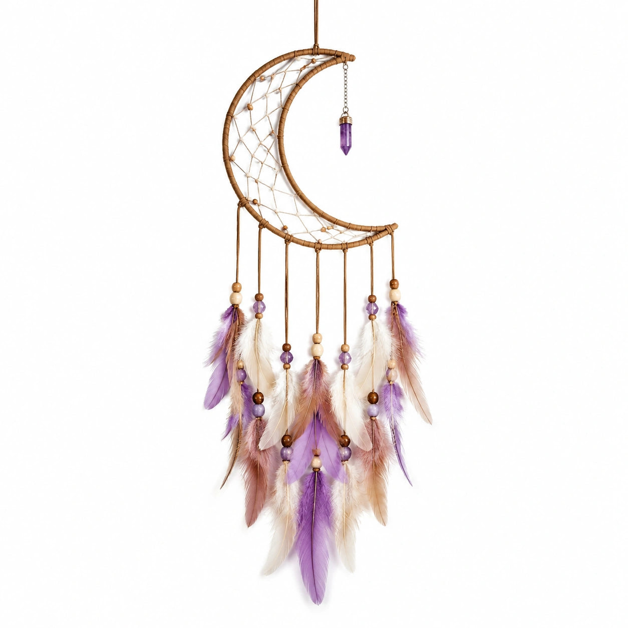 Attrape-rêves croissant de lune avec plumes violettes