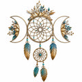 Décoration murale attrape-rêves avec lunes et plumes dorées et bleues