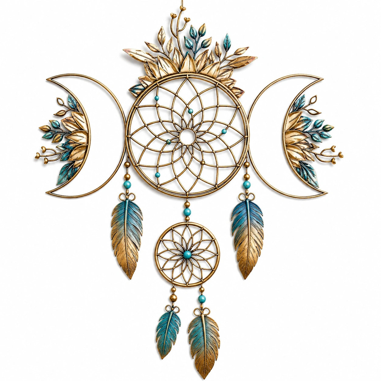 Décoration murale attrape-rêves avec lunes et plumes dorées et bleues