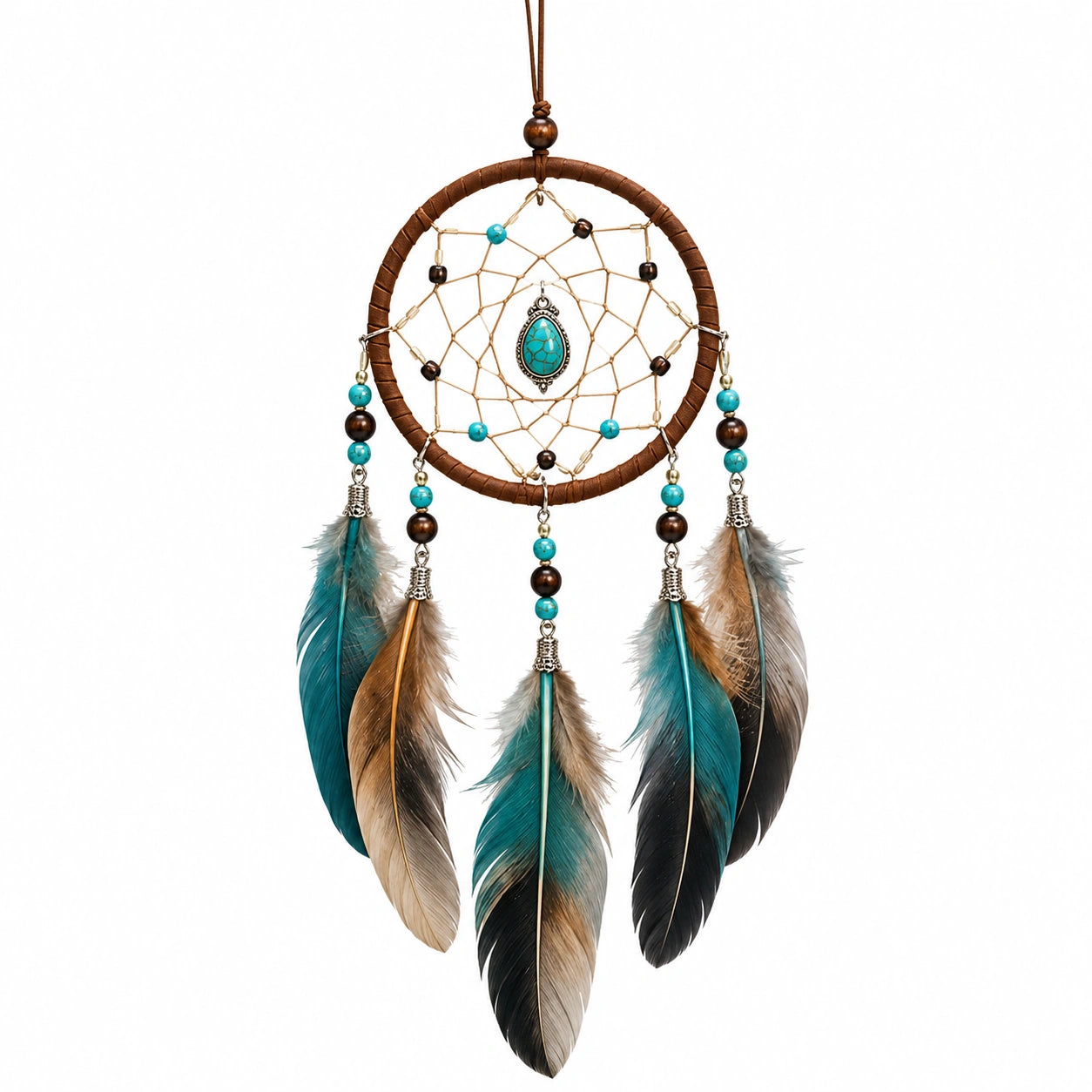 Attrape-rêves bohème en plumes turquoise et marron 50x15 cm