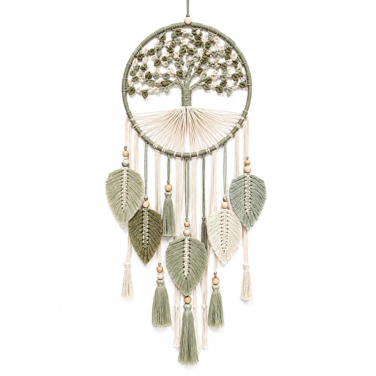 Capteur de rêves en macramé arbre de vie vert et beige