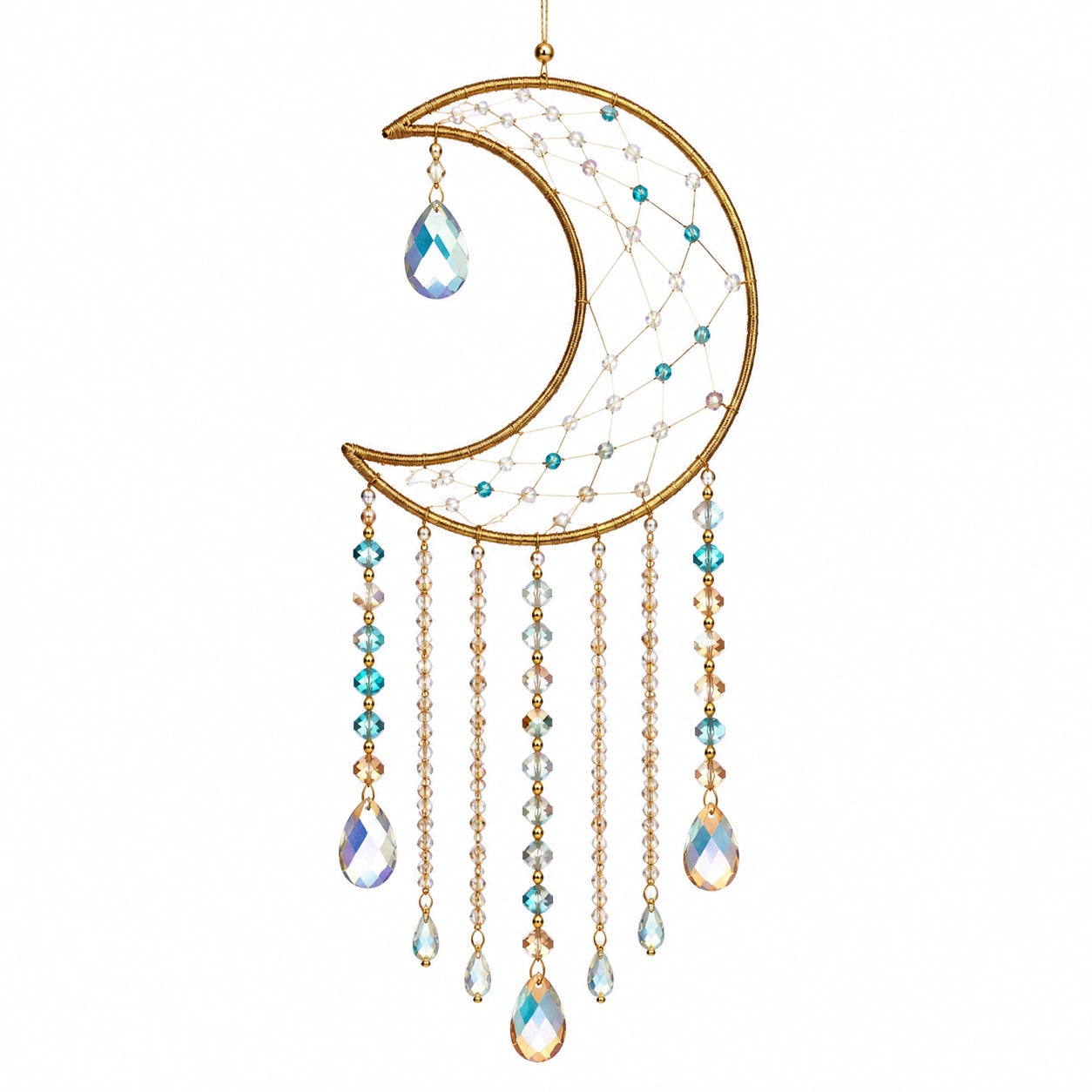 Attrape-Rêves Demi-Lune en Cristal Or et Bleu