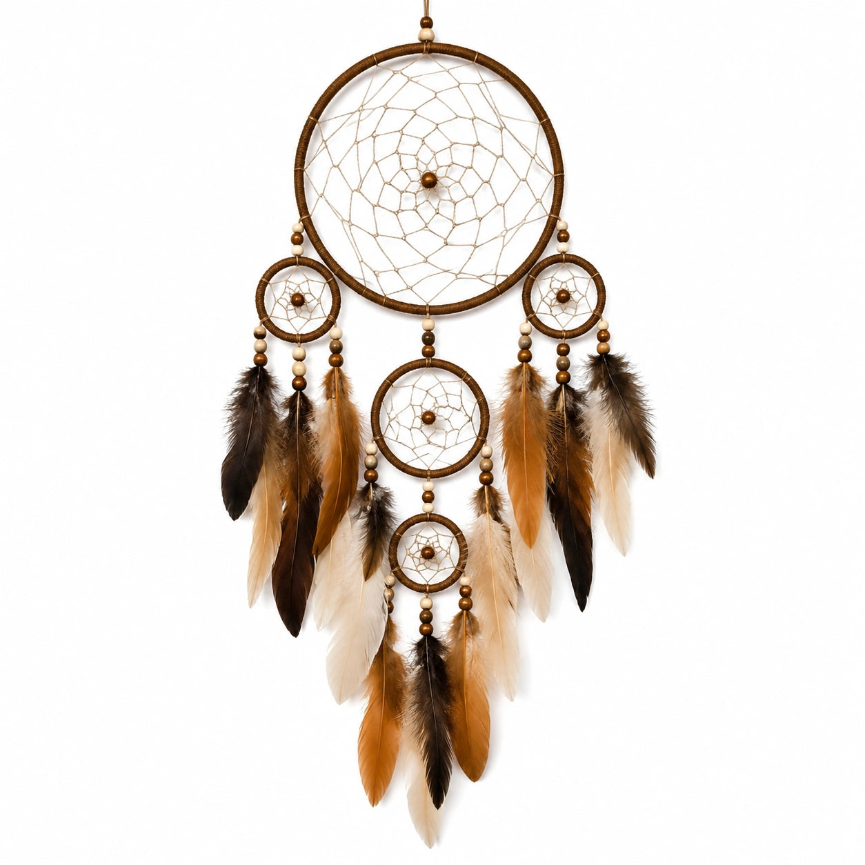 Attrape-rêves en plumes naturelles marron et beige