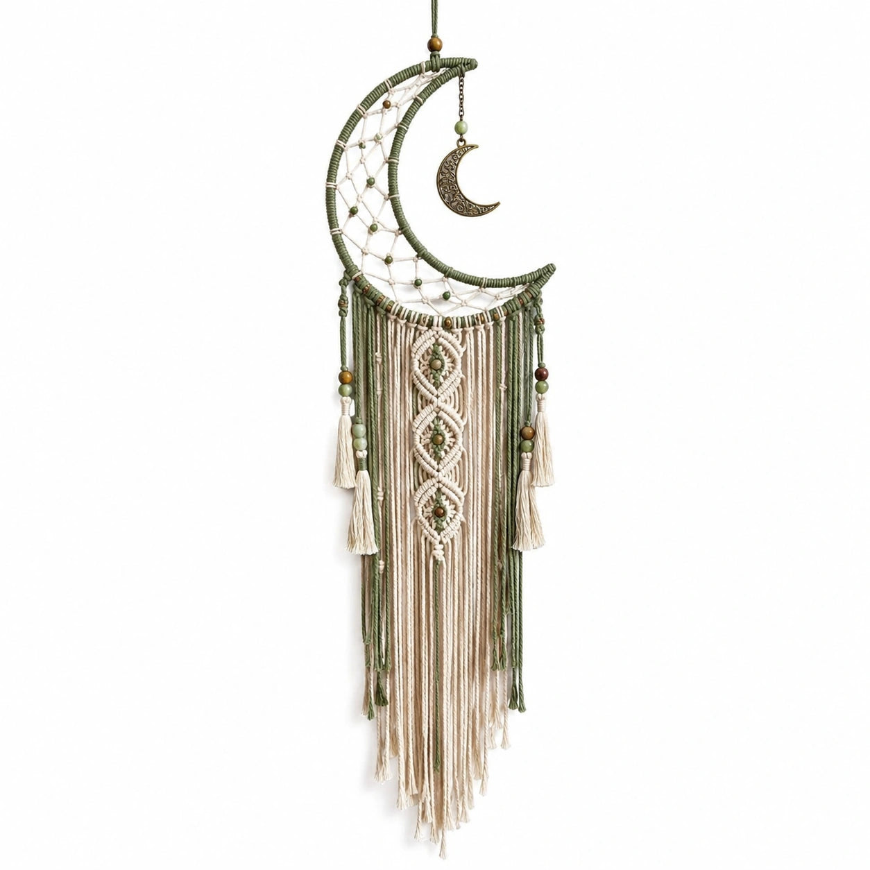 Capteur de Rêves Lune Bohème Macramé Vert et Beige