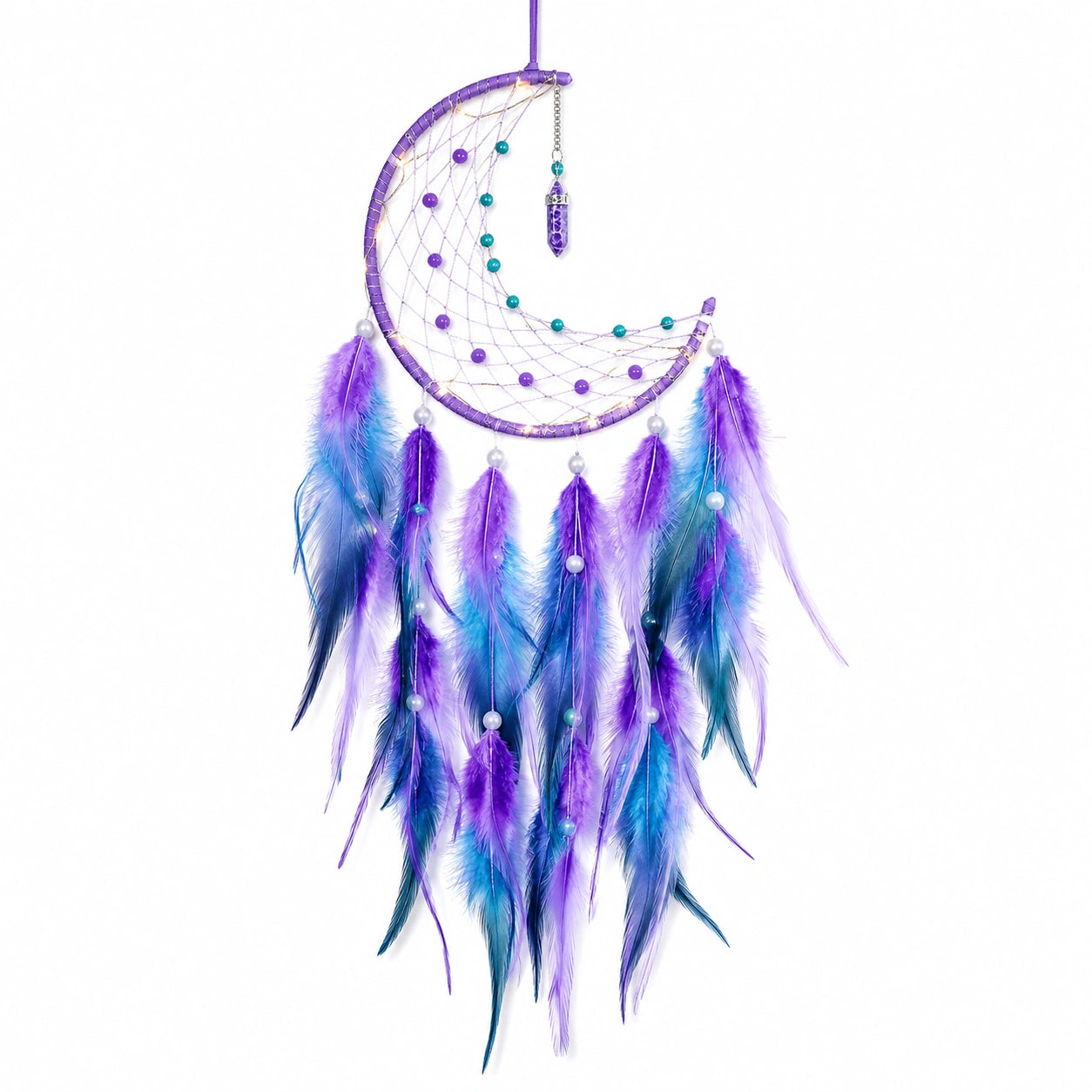 Attrape-rêves croissant de lune plumes violettes et turquoise