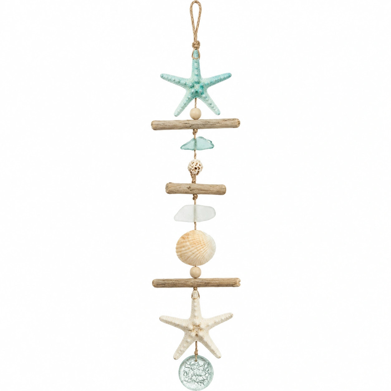 Suspension murale étoile de mer et coquillage en bois flotté - Bleu et Beige