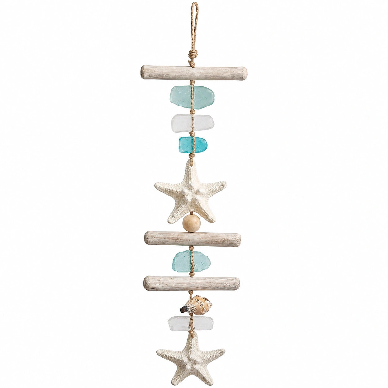 Suspension murale nautique avec étoiles de mer et verre en bois