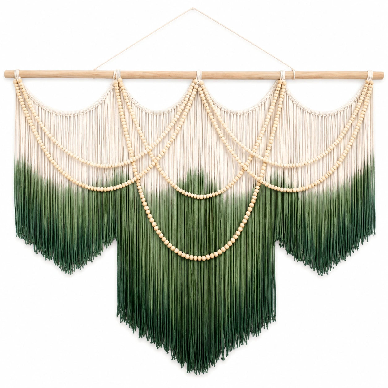 Décoration murale en macramé avec perles en bois vert