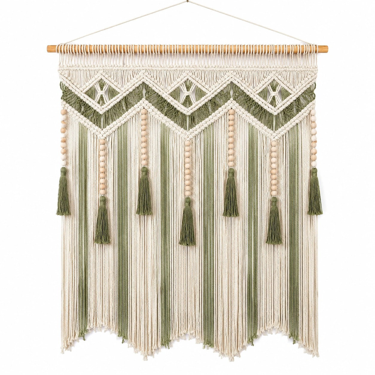 Tenture murale bohème macramé vert et crème