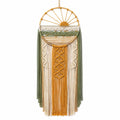 Décoration murale en macramé bohème avec anneau au sommet, couleurs moutarde, vert et crème