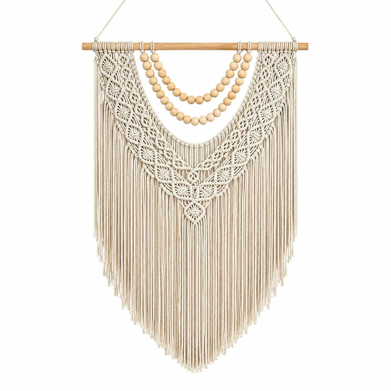 Décoration Murale Bohème en Macramé avec Perles de Bois - Beige