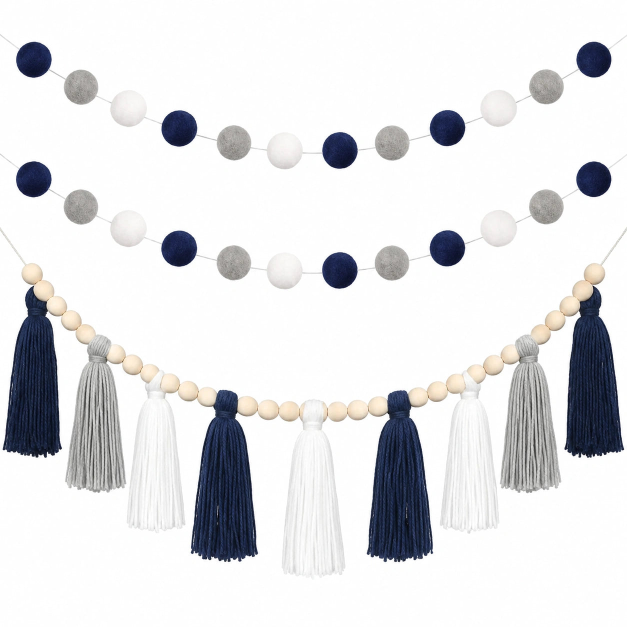 Guirlande Décorative Pompons et Boules en Bleu Gris Blanc